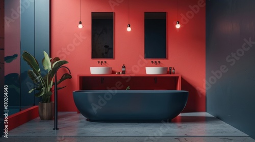red and dark blue bathroom interior with tub and double sink