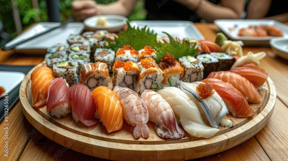 Colorful plates of fresh sushi and sashimi served on a wooden platter Colorful plates of fresh sushi and sashimi served on a wooden platter