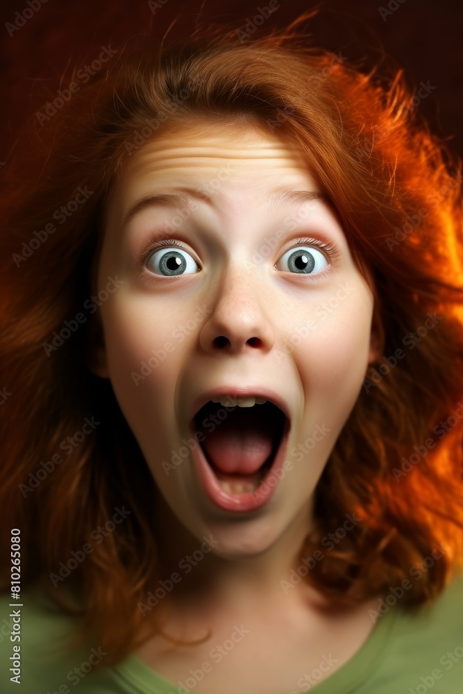 surprised woman with wide eyes and open mouth