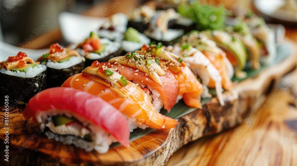 Colorful plates of fresh sushi and sashimi served on a wooden platter Colorful plates of fresh sushi and sashimi served on a wooden platter