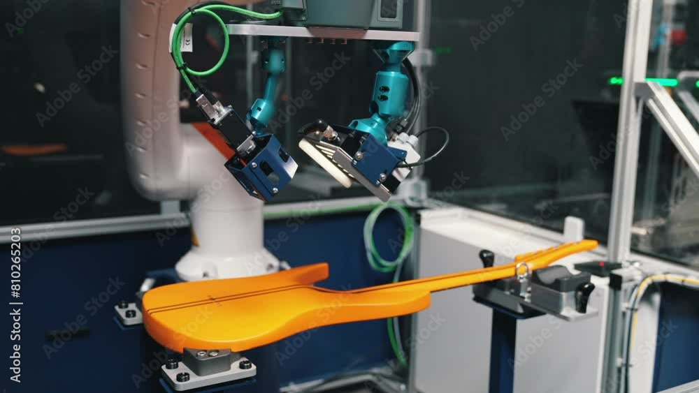 checking the guitar, robot arm working on the yellow modern guitar at the factory. High quality 4k footage checking the guitar, robot arm working on the yellow modern guitar at the factory. High quality 4k footage