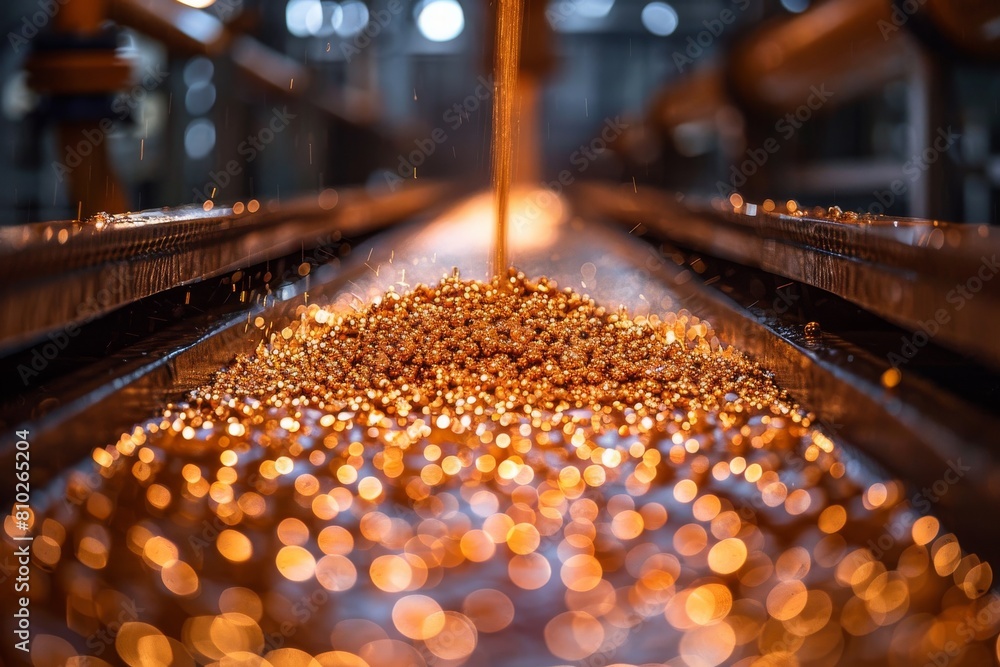 An orange glow illuminates the production of copper granules in an industrial setting An orange glow illuminates the production of copper granules in an industrial setting