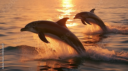 dolphins jumping out of the ocean at sunset