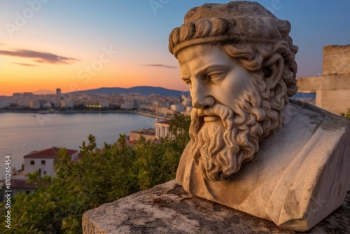 Sunset view of ancient greek statue overlooking city © Balaraw