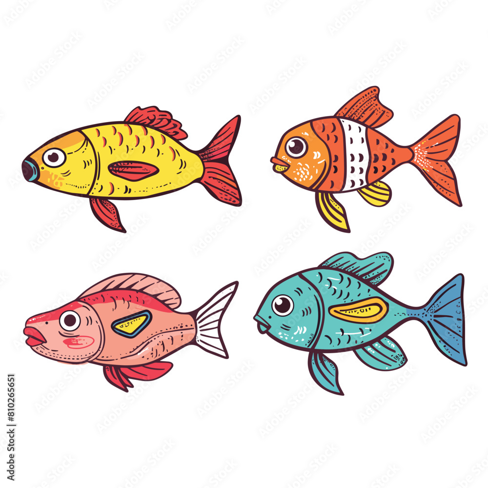 Four colorful cartoon fish floating, diverse patterns scales. Playful tropical fish illustration kids, comic style aquarium life. Yellow, red, pink, blue drawings, cute marine animals cartoon