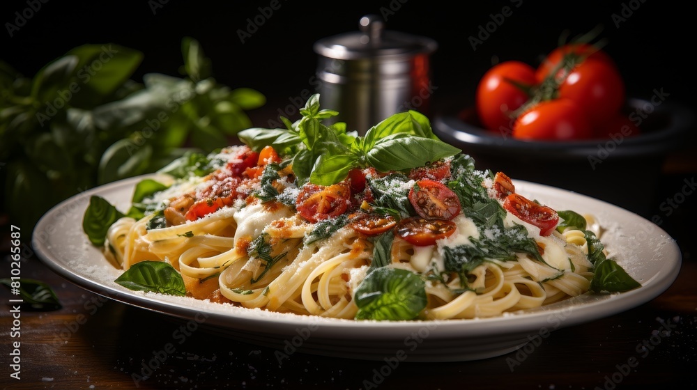 Delicious homemade pasta dish with tomatoes and fresh basil Delicious homemade pasta dish with tomatoes and fresh basil