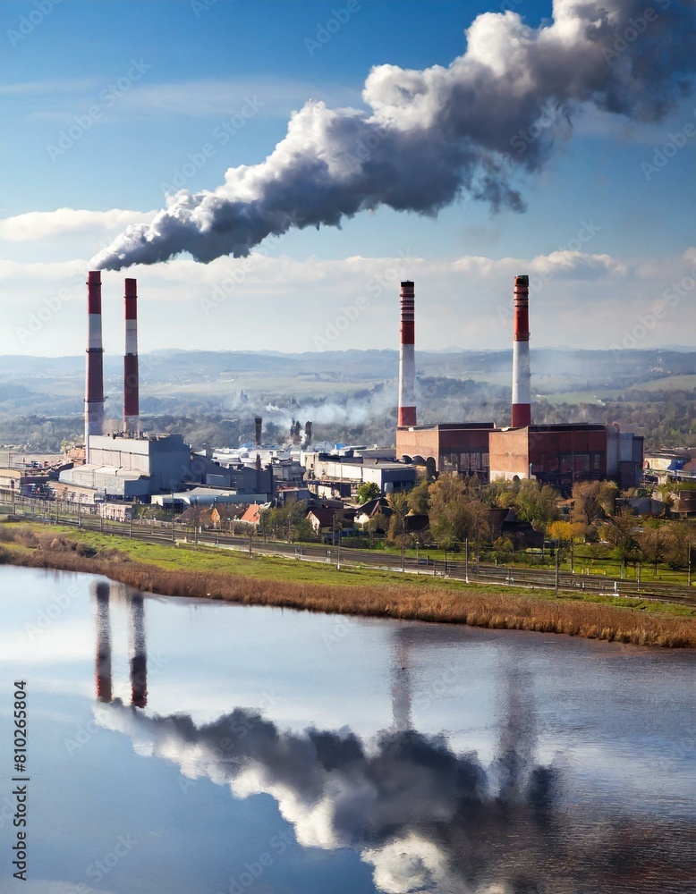 usine avec des cheminée pour génération d'énergie au bord de l'eau en ia usine avec des cheminée pour génération d'énergie au bord de l'eau en ia