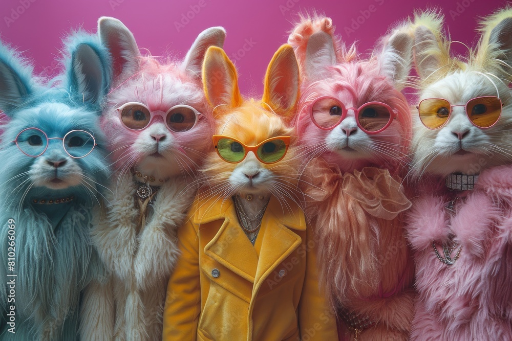 Whimsical image of four cats dressed in stylish, colorful outfits and glasses, exuding personality and fashion sense
