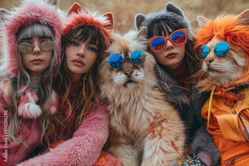Unique portrait of women and cats in matching furry costumes and sunglasses, creating an offbeat and whimsical moment
