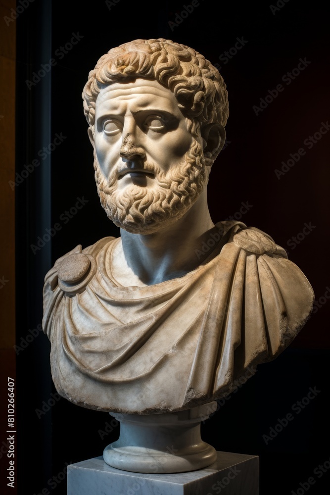 Bust of a classical male figure with curly hair and beard