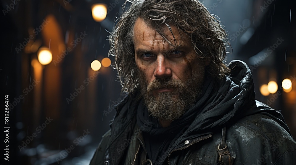 Rugged man with beard and long hair in dark environment Rugged man with beard and long hair in dark environment