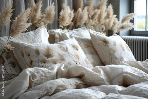 Beige Reeds Against Pampas Plumen on the Grey, Bed Sitting Next to Window in Bedroom 