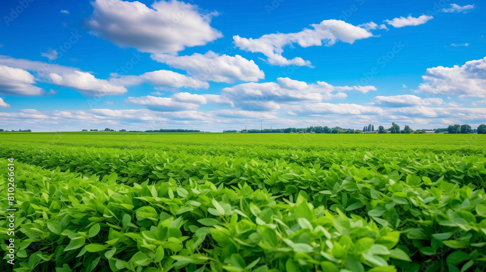 Agriculture field, soybeans thrive, leaves shimmering in nature's light, testament to successful farming and growing soy crop. rows of green soy crops growth, farming of vegetables in agricultural.