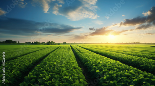 Agriculture field, soybeans thrive, leaves shimmering in nature's light, testament to successful farming and growing soy crop. rows of green soy crops growth, farming of vegetables in agricultural. photo