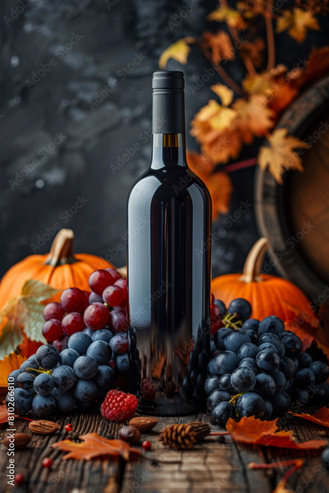 Obraz premium A wine bottle elegantly rests among pumpkin, grapes, and fallen leaves, capturing autumn's harvest.