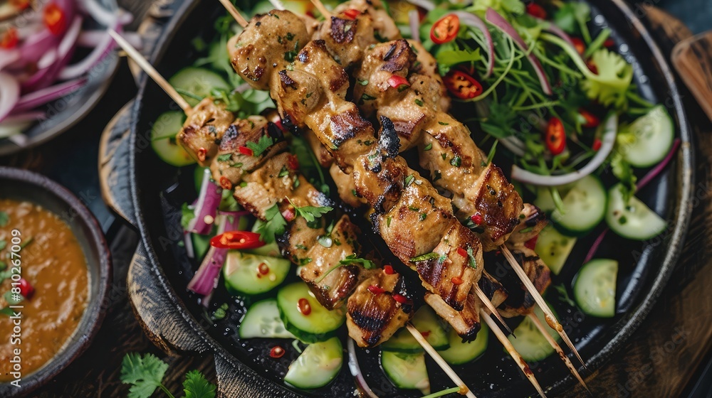 Freshly grilled satay skewers served with peanut sauce and cucumber relish