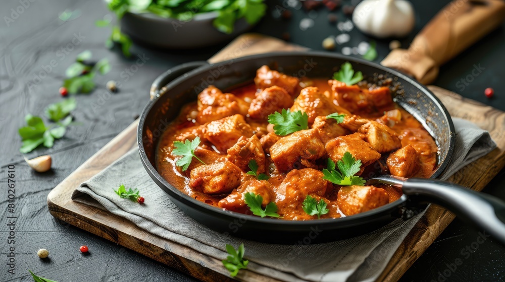 Frying pan with delicious chicken tikka masala on napkin