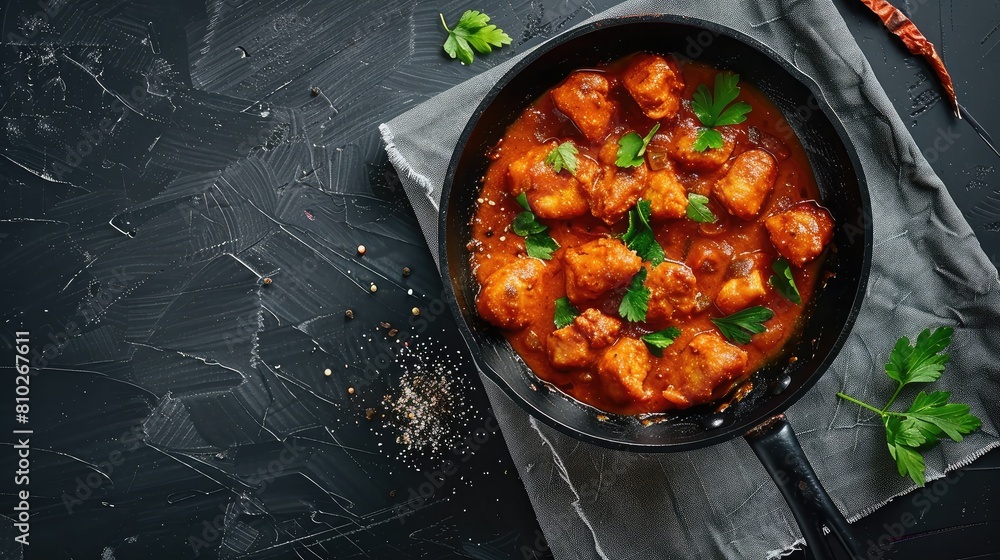 Frying pan with delicious chicken tikka masala on napkin Frying pan with delicious chicken tikka masala on napkin