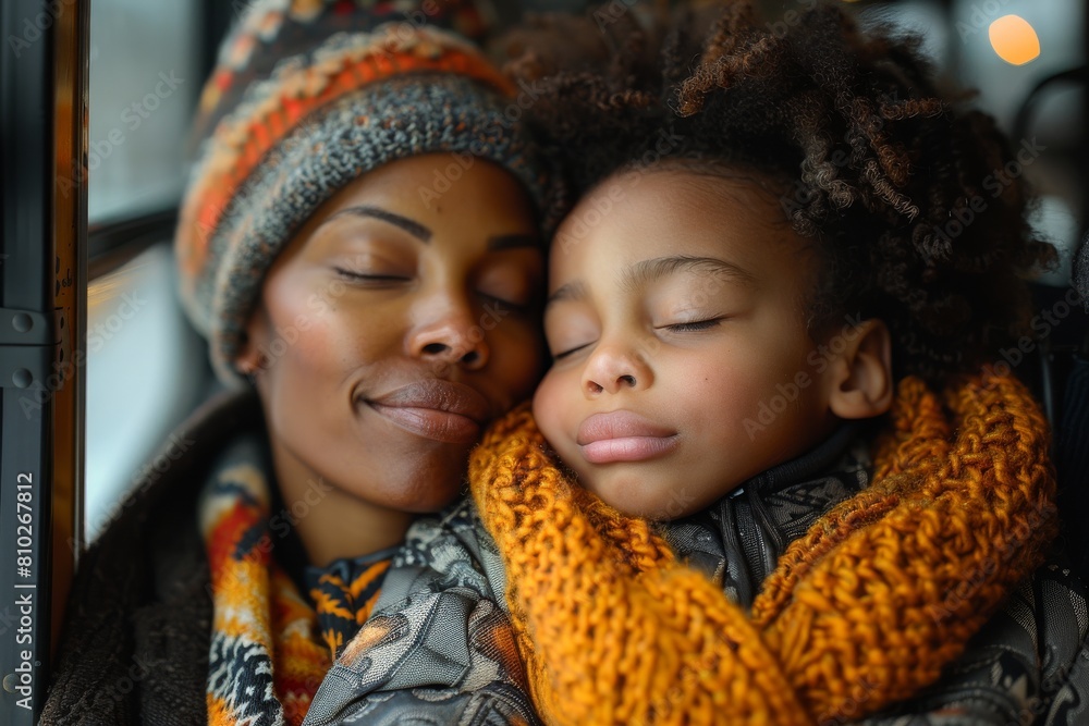 An intimate view of a mother and child sharing a warming embrace, asleep on the bus