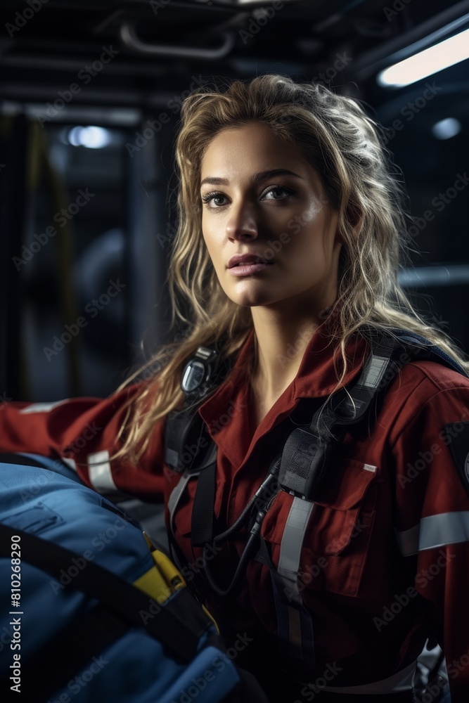 Determined rescue worker in red uniform Determined rescue worker in red uniform