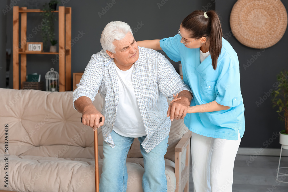 Obraz premium Nurse helping senior man with stick to stand up from sofa at home