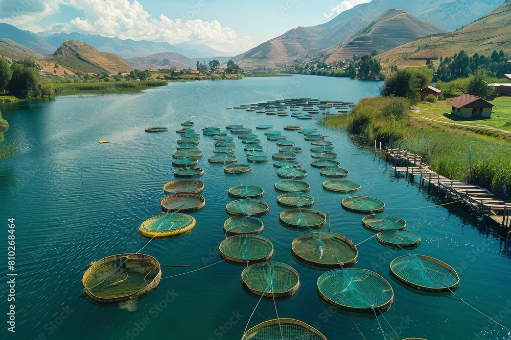 Lush green hills envelop a sprawling fish farm with numerous circular ...
