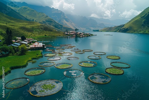 Against a backdrop of mountains, a cluster of circular fish cages dominates the foreground of a lake near rural village settlements photo