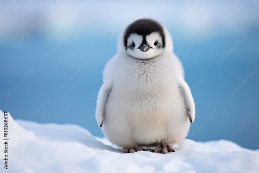 Fototapeta premium Adorable baby penguin in snowy landscape