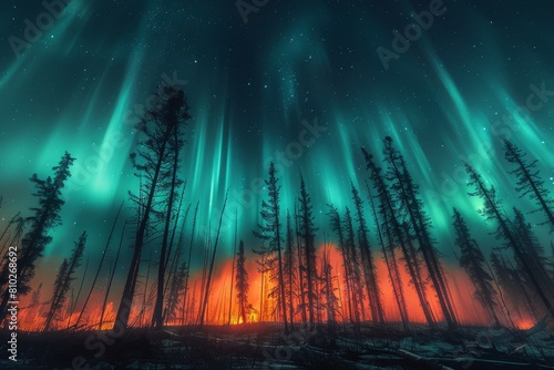 Captivating Northern Lights (Aurora Borealis) dancing above a silhouetted pine forest in a breathtaking natural phenomenon © Larisa AI