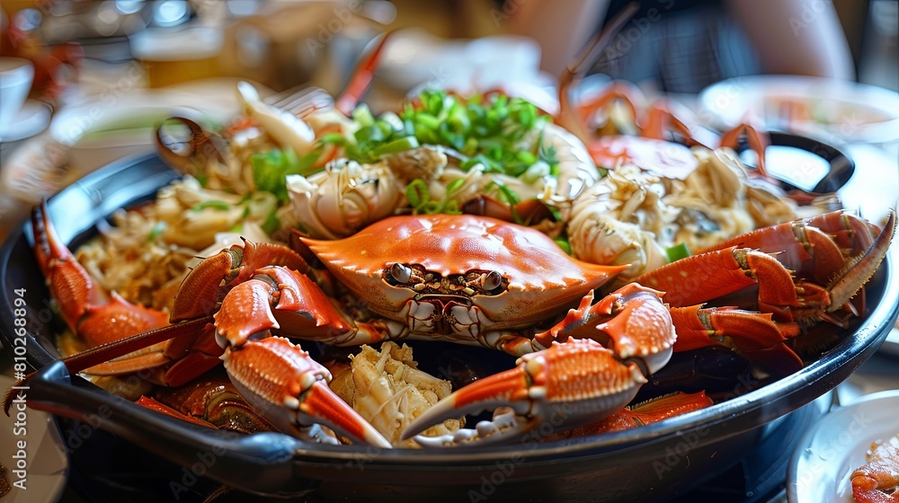 Crab Extravaganza: A platter of steamed crabs, exuding the flavors of the sea. Crab Extravaganza: A platter of steamed crabs, exuding the flavors of the sea.