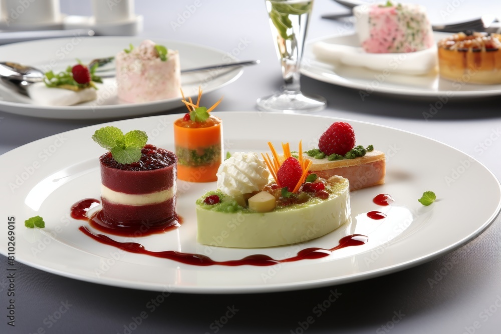Gourmet dessert platter with various colorful and artfully presented sweet treats