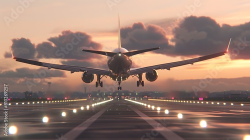 A large jetliner taking off from an airport runway at sunset or dawn with the landing gear down and the landing gear down, as the plane is about to take off. photo