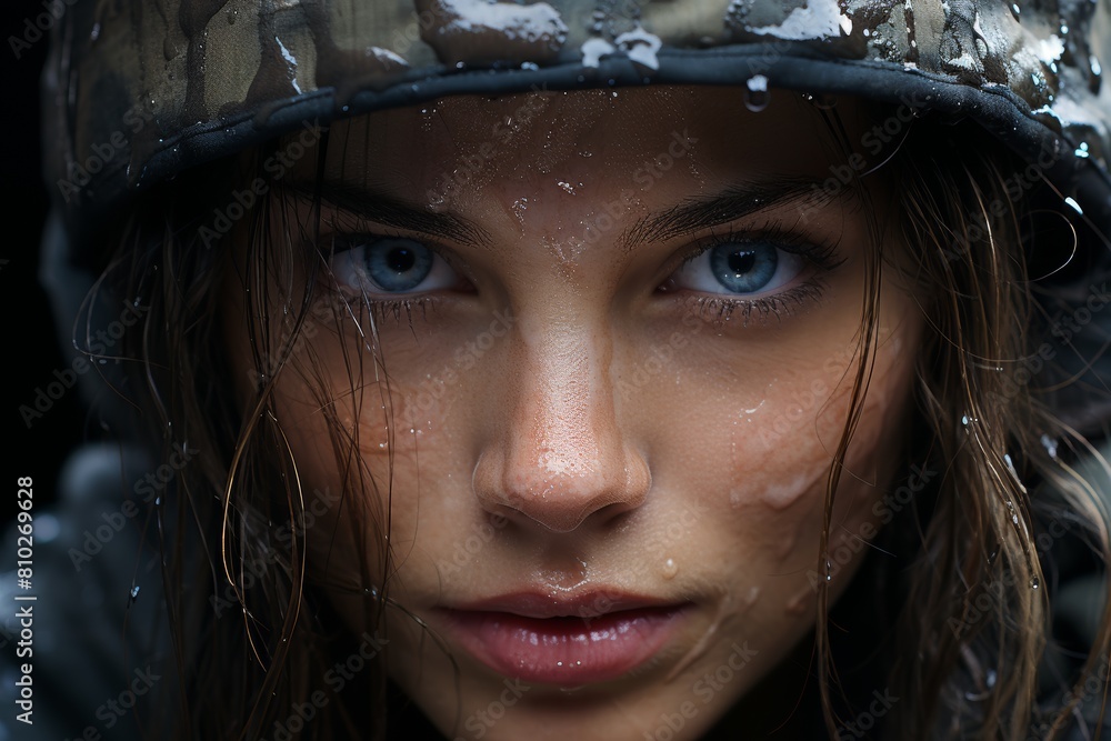 Intense gaze of a woman in the snow Intense gaze of a woman in the snow