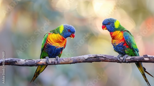 pair of colorful parrots perched on a branch, chirping happily together