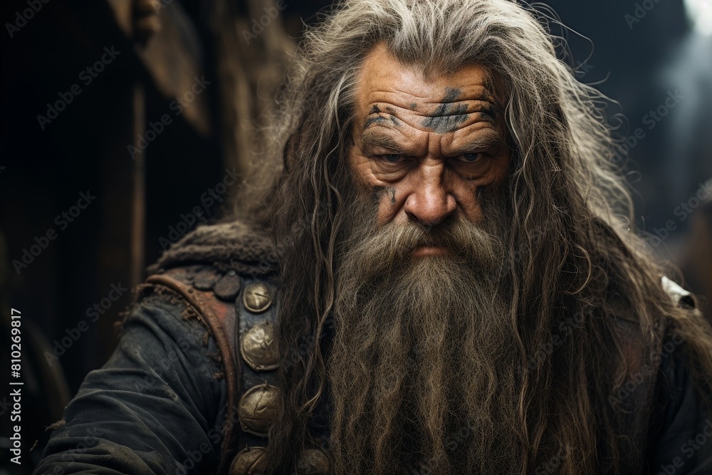 Weathered old man with long gray beard and intense gaze Weathered old man with long gray beard and intense gaze