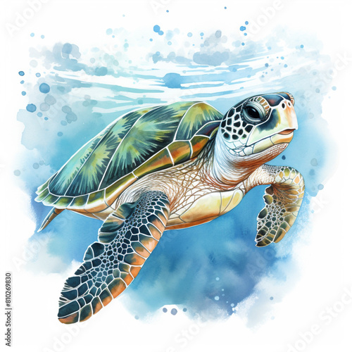 Aqua green sea turtle underwater in the ocean. Watercolor illustration.