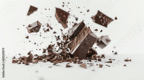 piece of chocolate explosion isolated on white background . Full depth of field