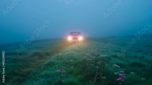 Shot of car with bright headlights piercing through thick morning fog