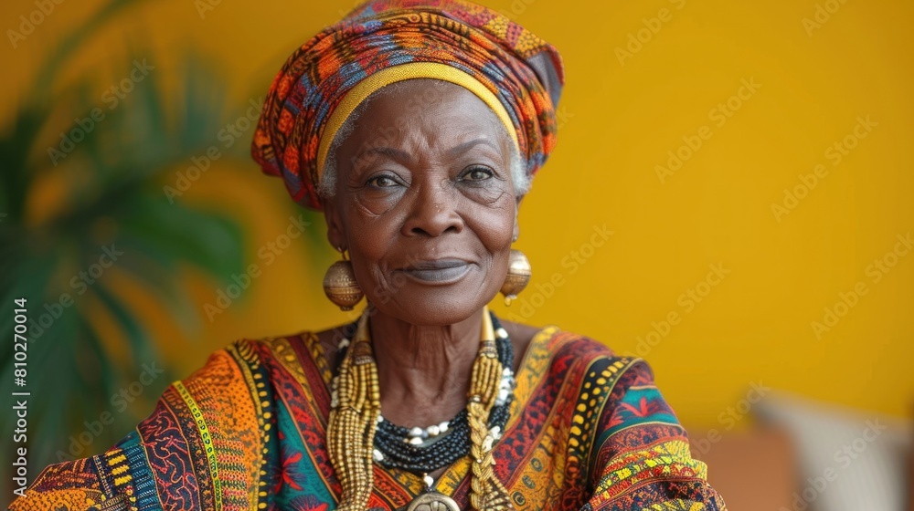 Obraz premium Elegant Ghanaian Elder in Traditional Dress, Colorful African Cultural Portraiture