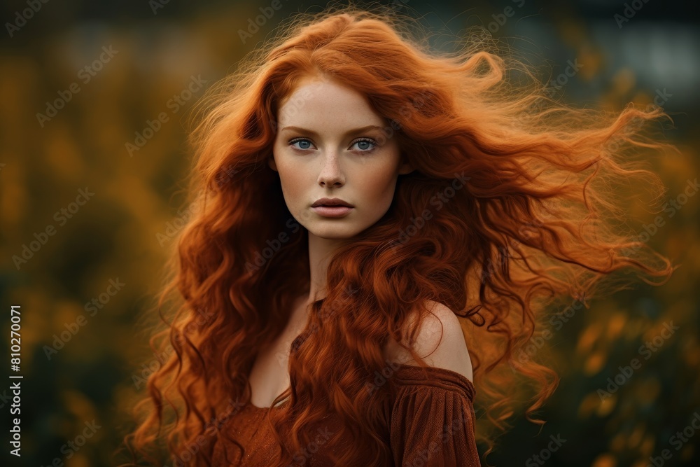Captivating redhead with flowing hair in the wind Captivating redhead with flowing hair in the wind