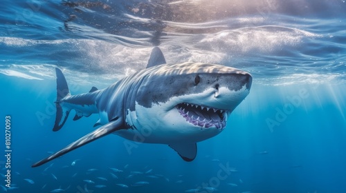 Fearsome great white shark with open mouth in blue ocean © Balaraw