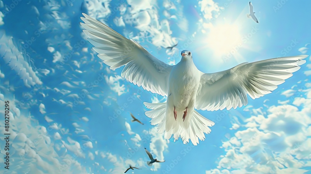 Obraz premium Heavenly Hover: Capture the tranquil elegance of birds hovering effortlessly in mid-air against the backdrop of endless blue skies.