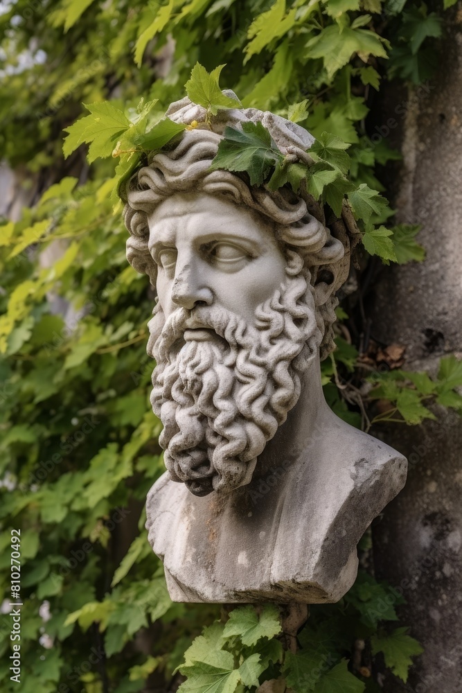 Weathered stone bust of a bearded man with leaves