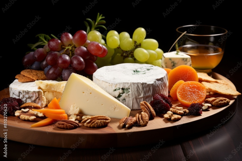 Assortment of gourmet cheese, grapes, nuts, and dried fruits on a wooden board Assortment of gourmet cheese, grapes, nuts, and dried fruits on a wooden board