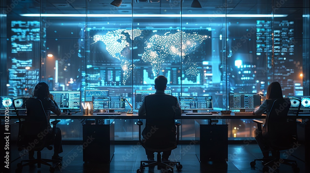 Professionals at Modern High-Tech Workstations with Multiple Screens in Futuristic Office at Night
