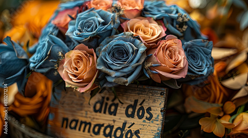 Dia dos Namorados Celebration: Bouquet of Blue and Peach Roses with Vintage Sign photo