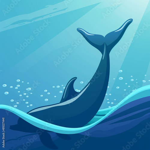 Close up dolphin tail in a seawater on the right. Deep sea water with free space for text.