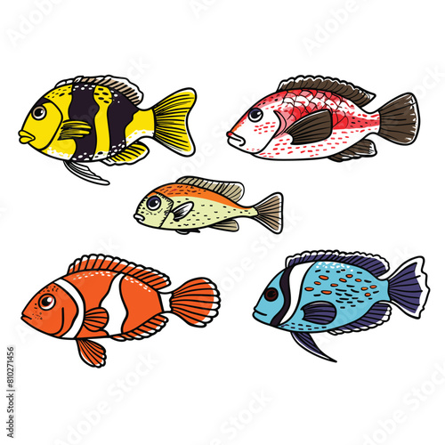 Colorful tropical fish illustrated against white background, vibrant marine life hand drawn. Set exotic fishes, artistic cartoon sea creatures, digital drawing. Collection aquarium fish species