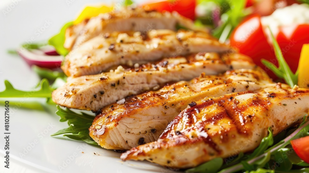 Tender slices of grilled chicken breast served with a colorful salad Tender slices of grilled chicken breast served with a colorful salad