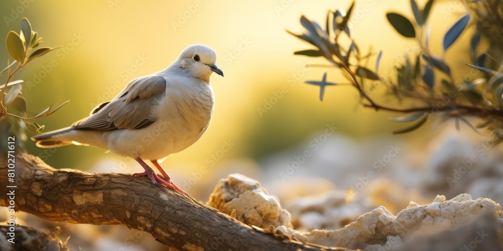 Peaceful dove perched on branch in golden sunset Peaceful dove perched on branch in golden sunset